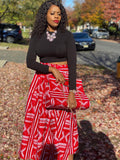 Red and White Print Maxi Skirt, Headwrap & bag