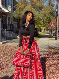 Red and White Print Maxi Skirt, Headwrap & bag