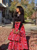 Red and White Print Maxi Skirt, Headwrap & bag