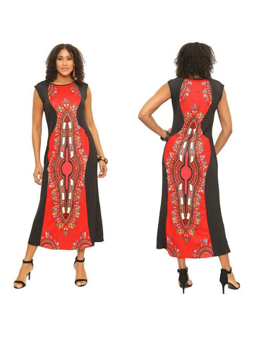 Red Ankle Length Sleeveless Dashiki Dress