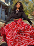 Red and White Print Maxi Skirt, Headwrap & bag