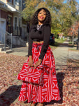 Red and White Print Maxi Skirt, Headwrap & bag