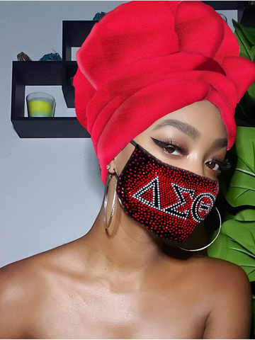 Red Delta Sigma Slip On satin lined headwrap and Mask