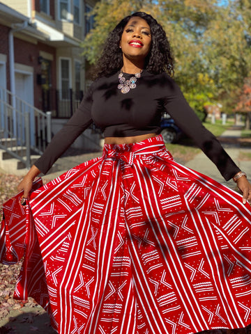 Red and White Print Maxi Skirt, Headwrap & Clutch Bag Set