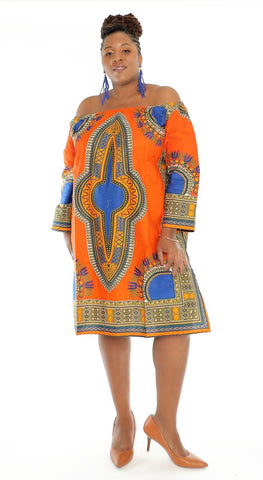 Orange Off Shoulder Dashiki Dress.
