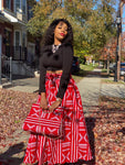 Red and White Print Maxi Skirt & Headwrap Set ( with bag )
