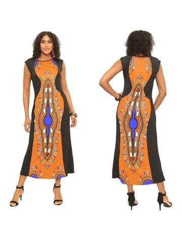 Orange Ankle Length Sleeveless Dashiki Dress