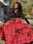 Red and White Print Maxi Skirt, Headwrap