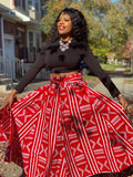 Red and White Print Maxi Skirt, Headwrap