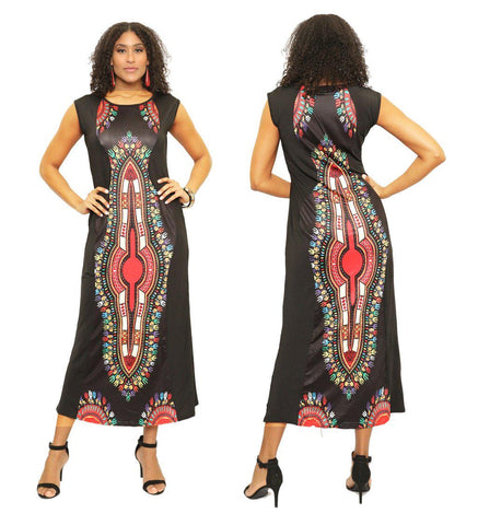 Black Ankle Length Sleeveless Dashiki Dress