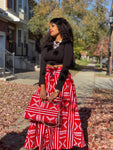 Red and White Print Maxi Skirt, Headwrap