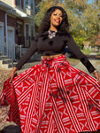 Red and White Print Maxi Skirt, Headwrap