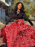 Red and White Print Maxi Skirt, Headwrap