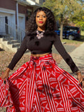 Red and White Print Maxi Skirt, Headwrap