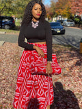 Red and White Print Maxi Skirt, Headwrap