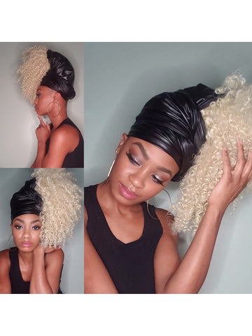 Faux Leather Black Stretched Satin Lined Head Wrap