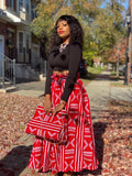 Red and White Print Maxi Skirt, Headwrap & Clutch Bag Set