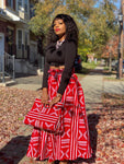 Red and White Print Maxi Skirt, Headwrap