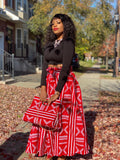 Red and White Print Maxi Skirt, Headwrap