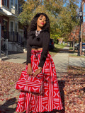 Red and White Print Maxi Skirt, Headwrap